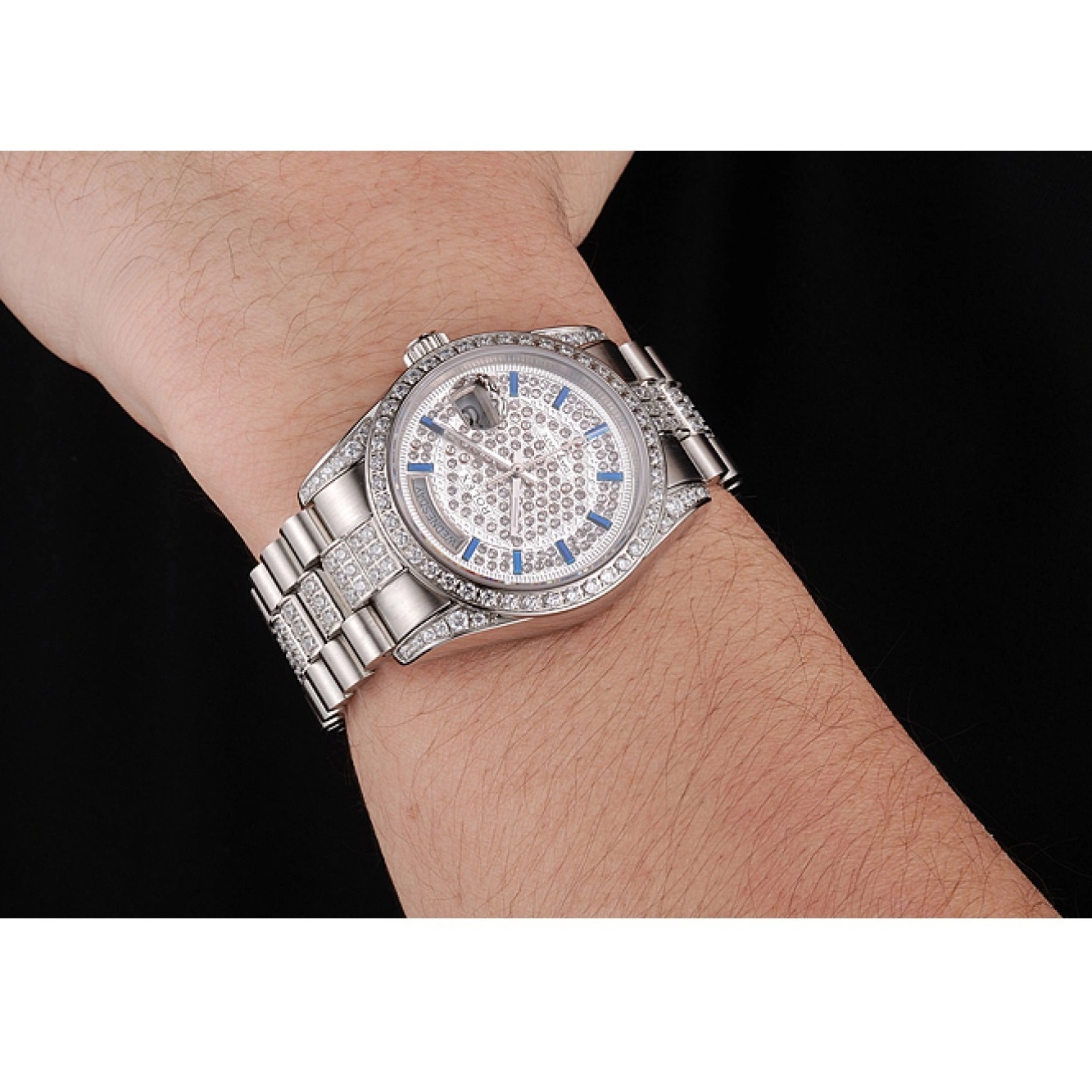 Aaa fake watches And Diamond Bracelet And Bezel Rolex Dial Day Steel Stainless Swiss Pave Date 0524